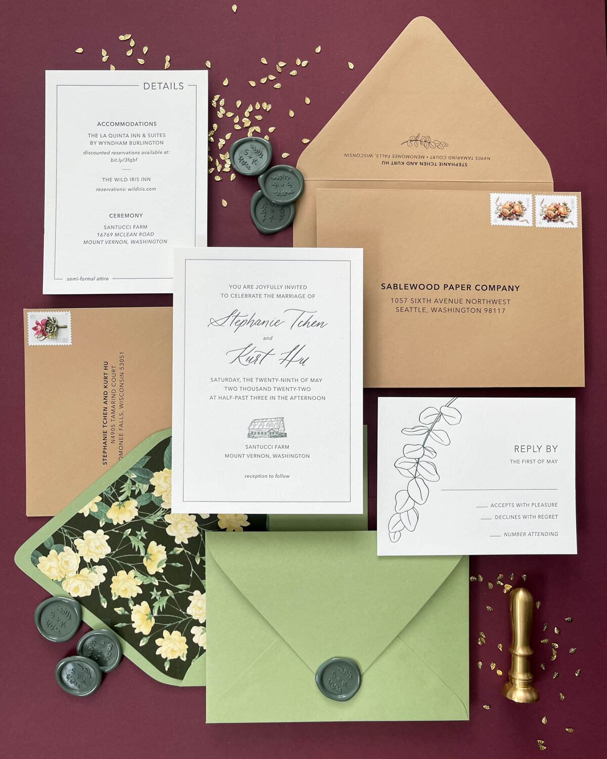 green letterpress wedding invitation eucalyptus-7