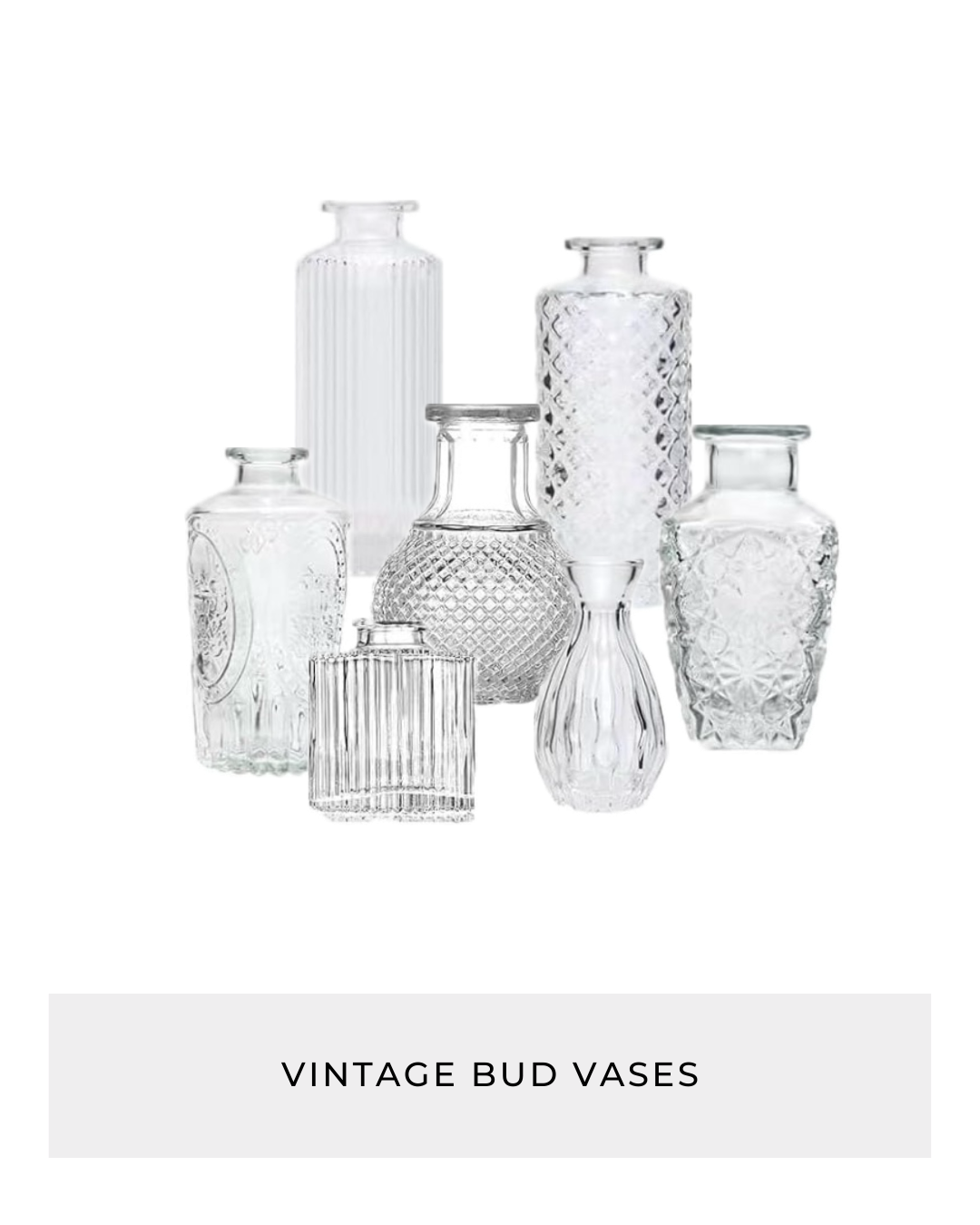 Vintage clear glass bud vases rental for Glen Rose events by Kendra’s Events