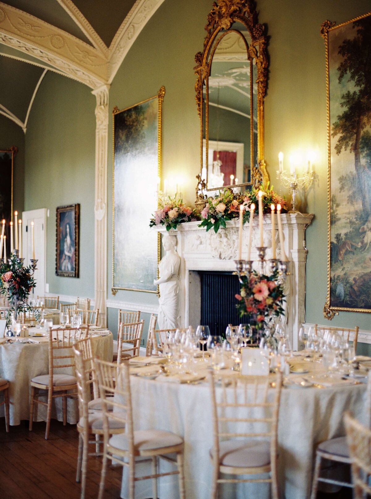 A wedding photo of the reception room showing off the dinner tables at Luttrellstown Castle