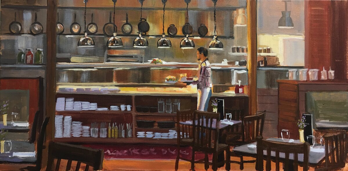 Painting of interior of Restaurant Marketplace in Woodbury, CT with shiny pots and pans, waiter and restaurant decor, 12 x 24" acrylic painting by Connecticut Artist Linda Marino
