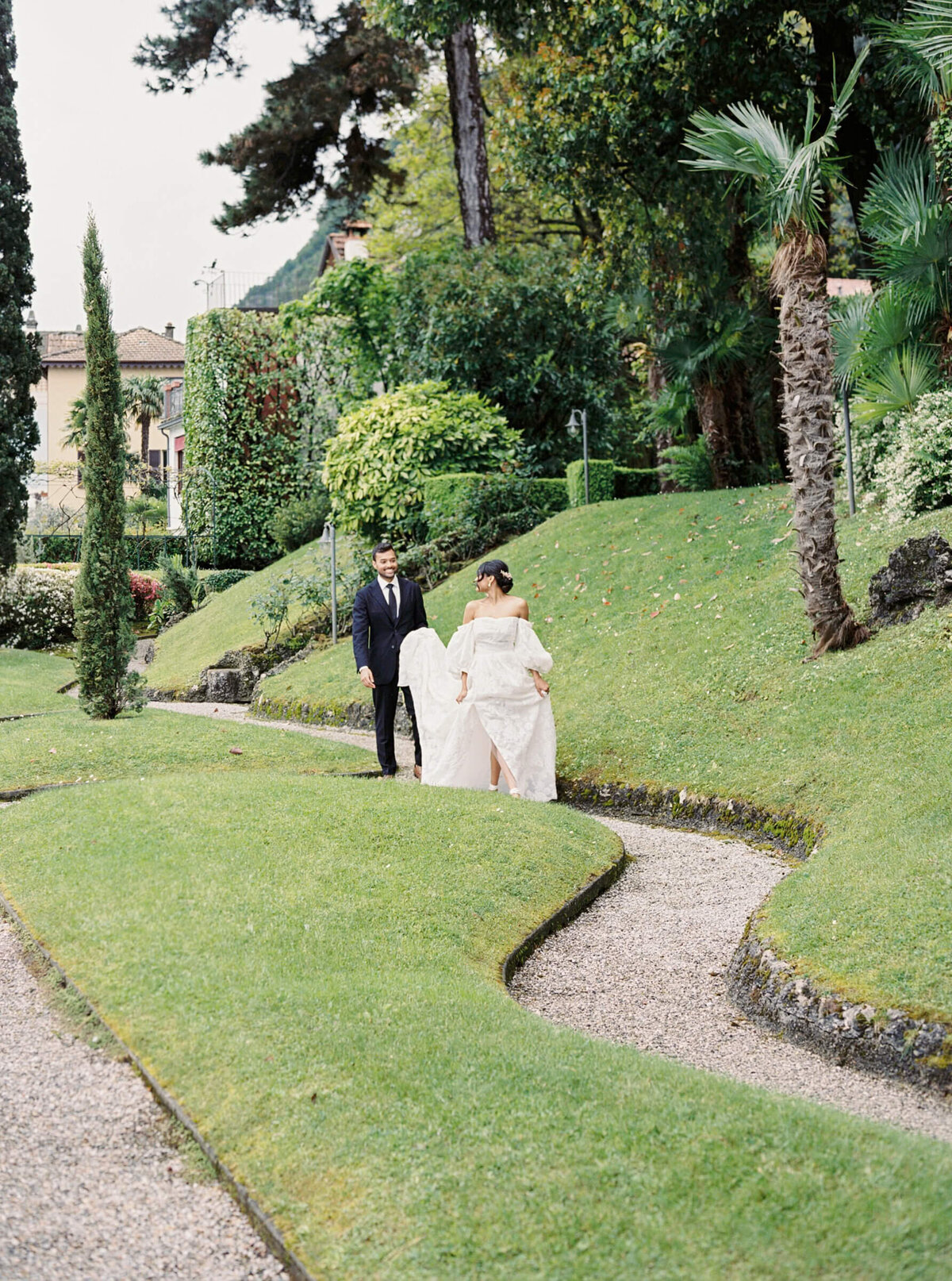 A wedding day photo of the bride and groom at Villa Aura del Lago on Lake Como in Italy