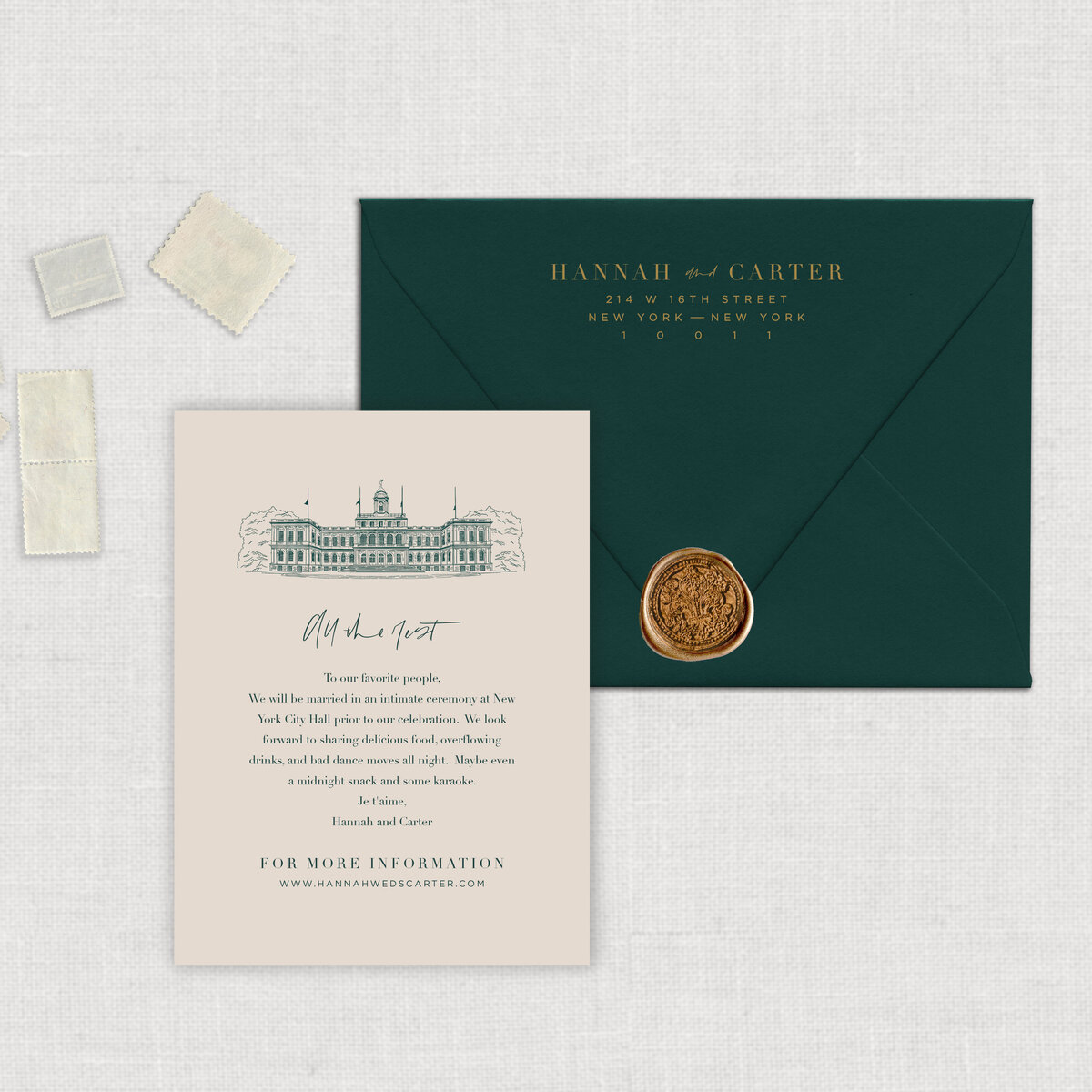 A Hunter Green Wedding invite details card with venue illustration of New York City Hall and green envelope with gold addressing.
