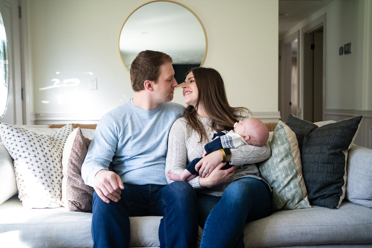 Family portrait at home with new baby