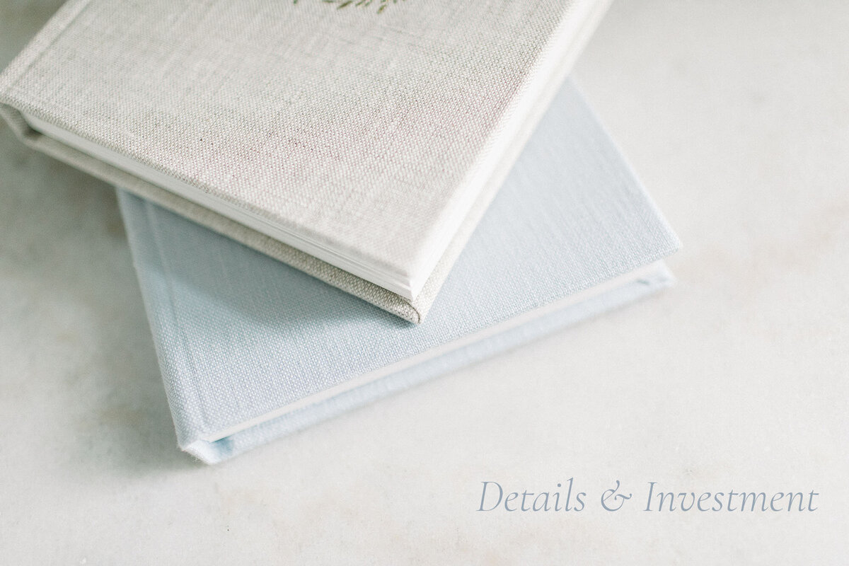 White and blue heirloom albums made from Indie Print Co offered by New Hampshire Maternity Photographer Kathleen Jablonski during artwork ordering appointments