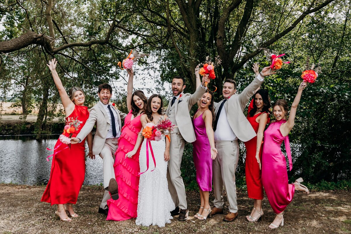 Fun, colourful bridal party group shots White Syke Fields