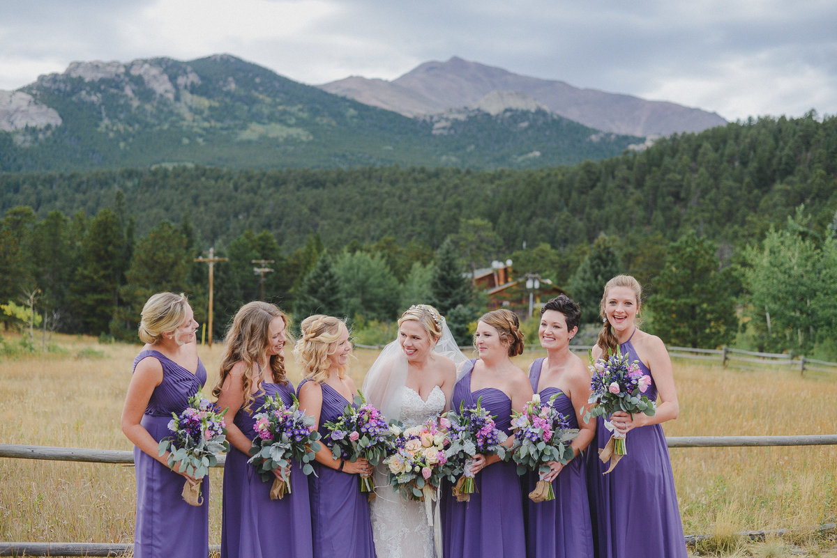 bride and bridesmaids in purple dresses overlooking estes park