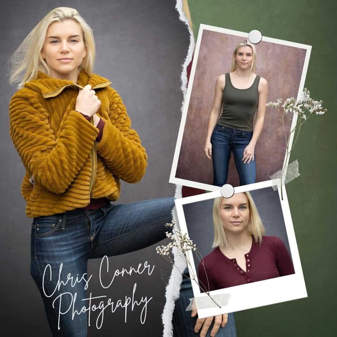 Collage of a young female model posing in various outfits for a portfolio