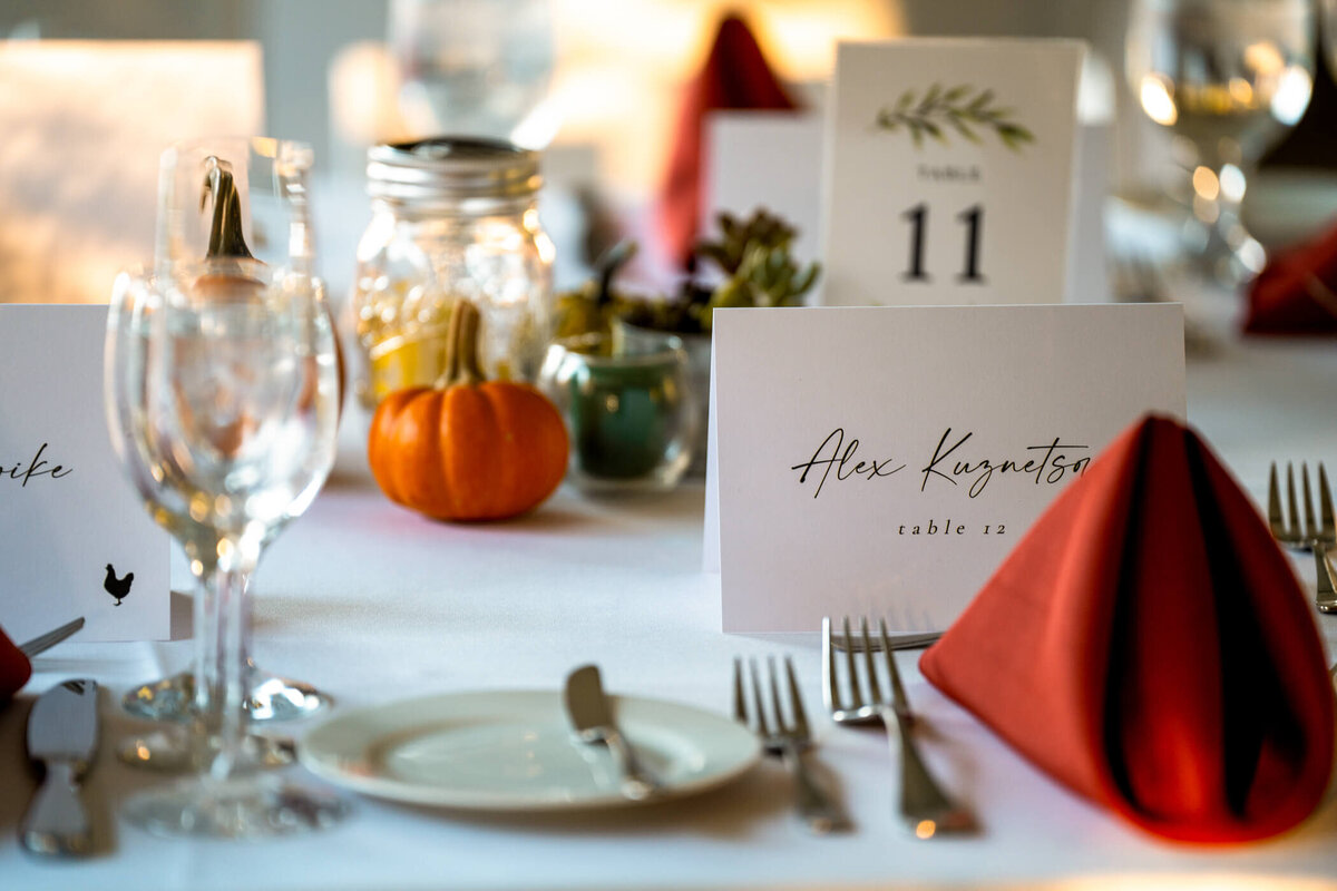 Pittsburgh wedding photos of place settings for the guests  including name cards and fall-themed decorations
