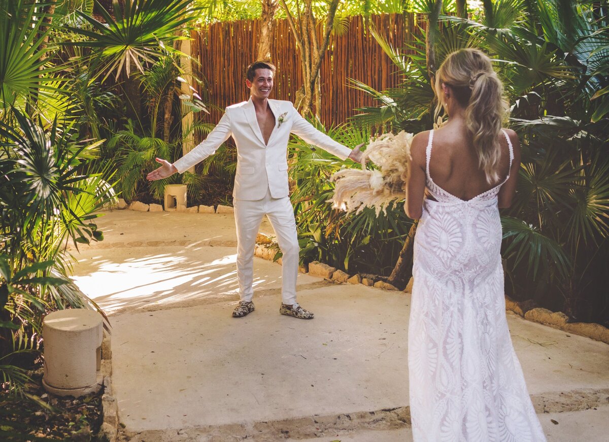Groom reaction to seeing bride for first time at viceroy riviera maya wedding