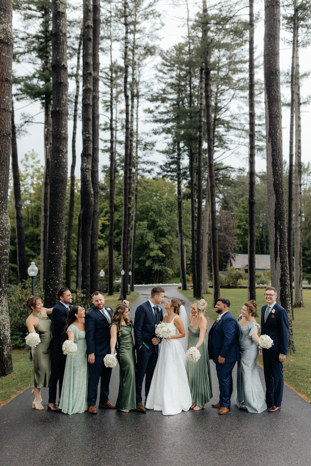 Formal portrait of bridal party lined up with misty mountain backdrop