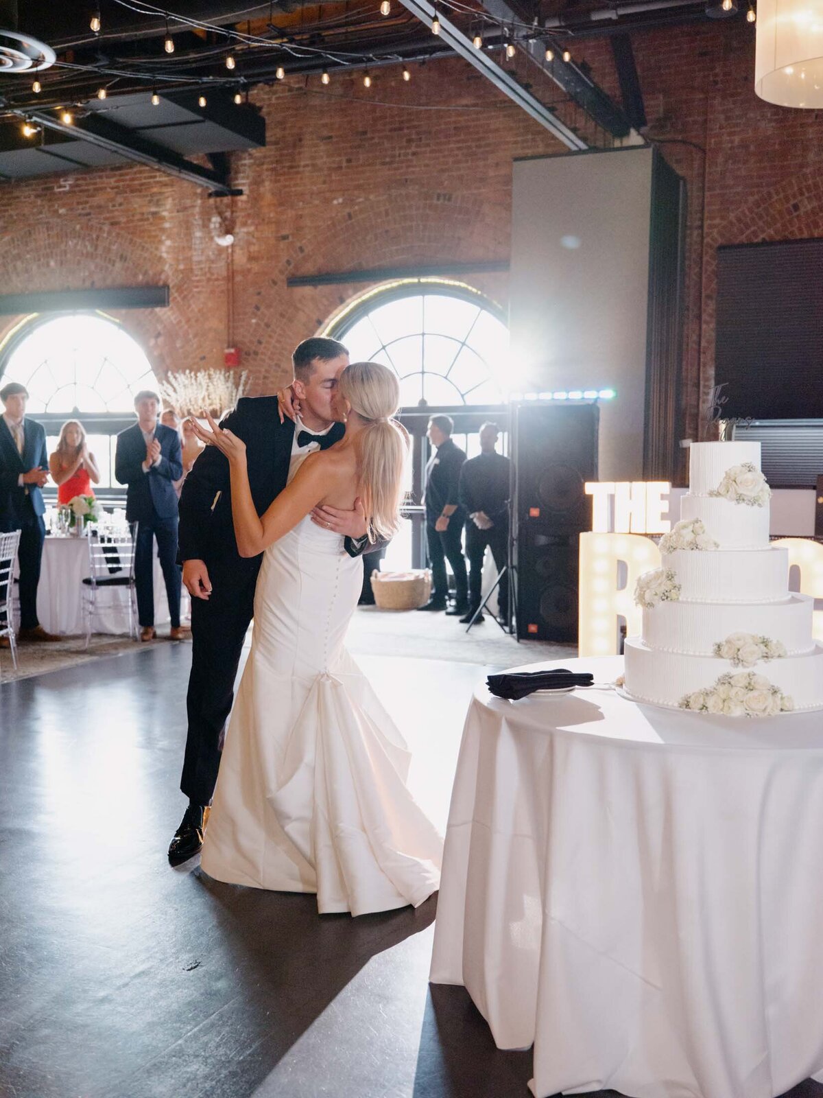 Bride and groom in black and white at Windows on the River