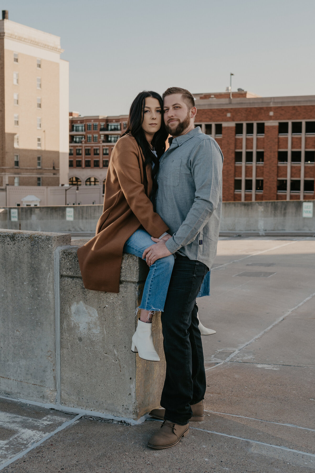 City engagement session during sunset downtown Wausau