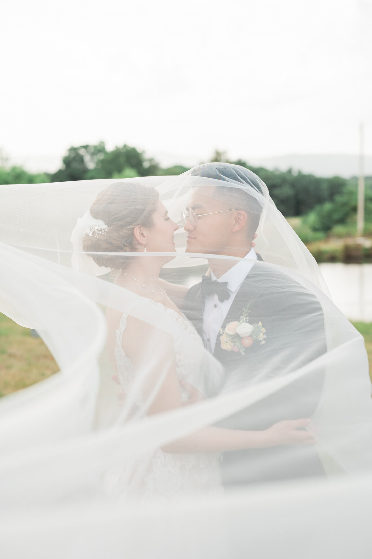 A newlywed couple about to kiss under a veil