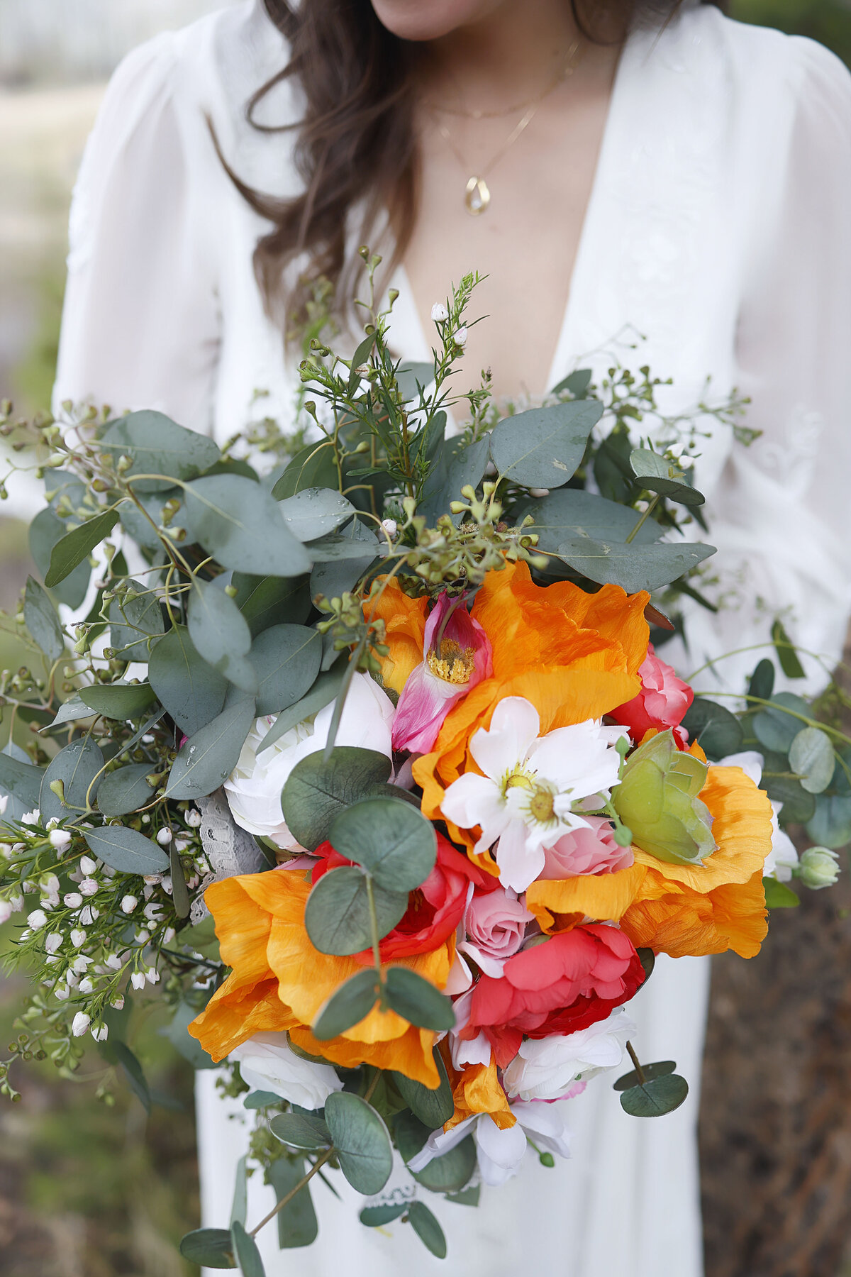 A close up shot of the colorful bouquet at an Aspen, Colorado wedding,