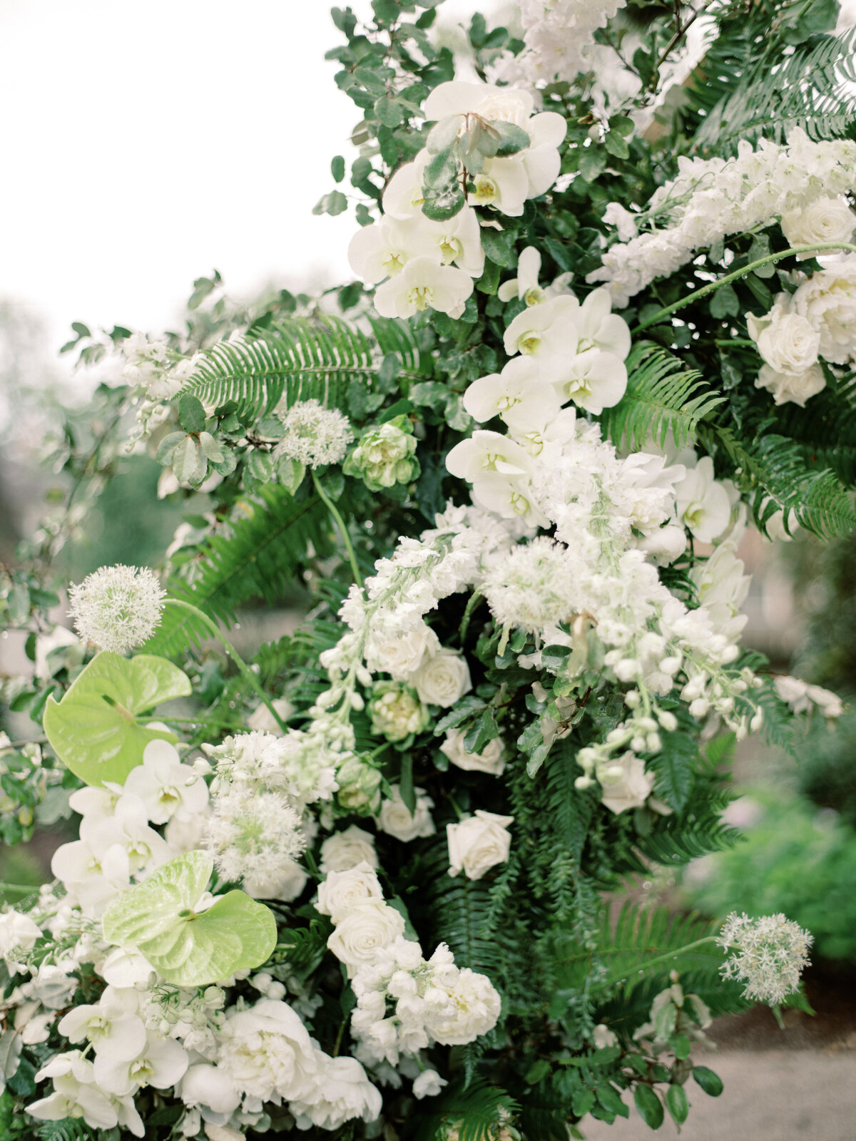 A stunning display of white orchids, roses, and greenery beautifully arranged for an extraordinary event, creating a serene and elegant atmosphere for any occasion.