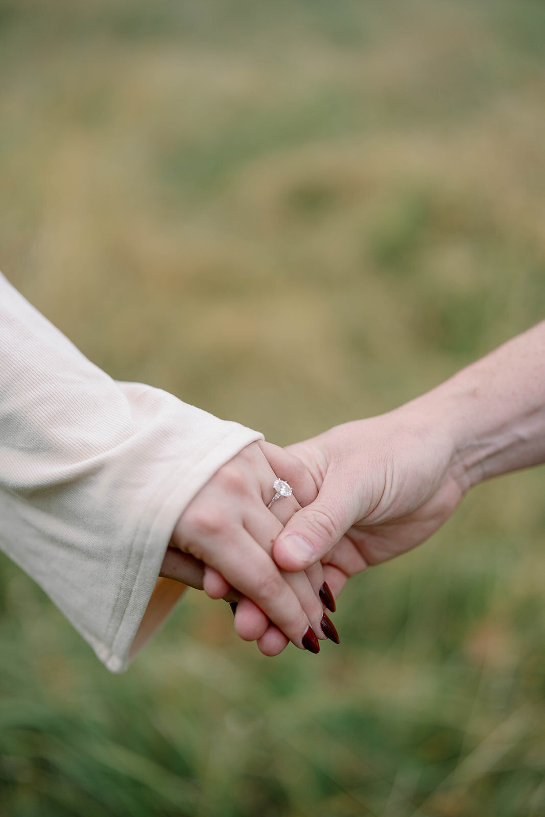 Close-up photo of the couple holding hands in a grassy field during their engagement session at Al Sabo Preserve.