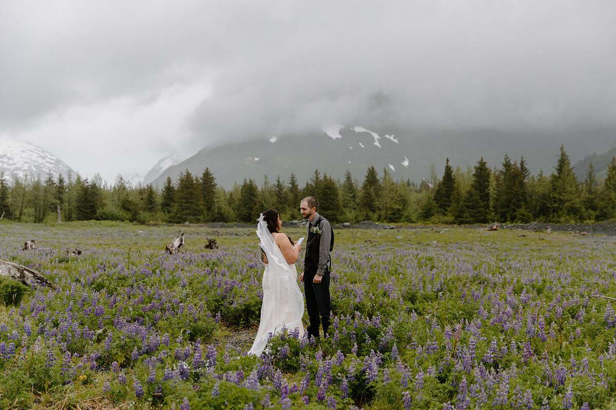 Elopement couple recites vows in flower field with mountain view.