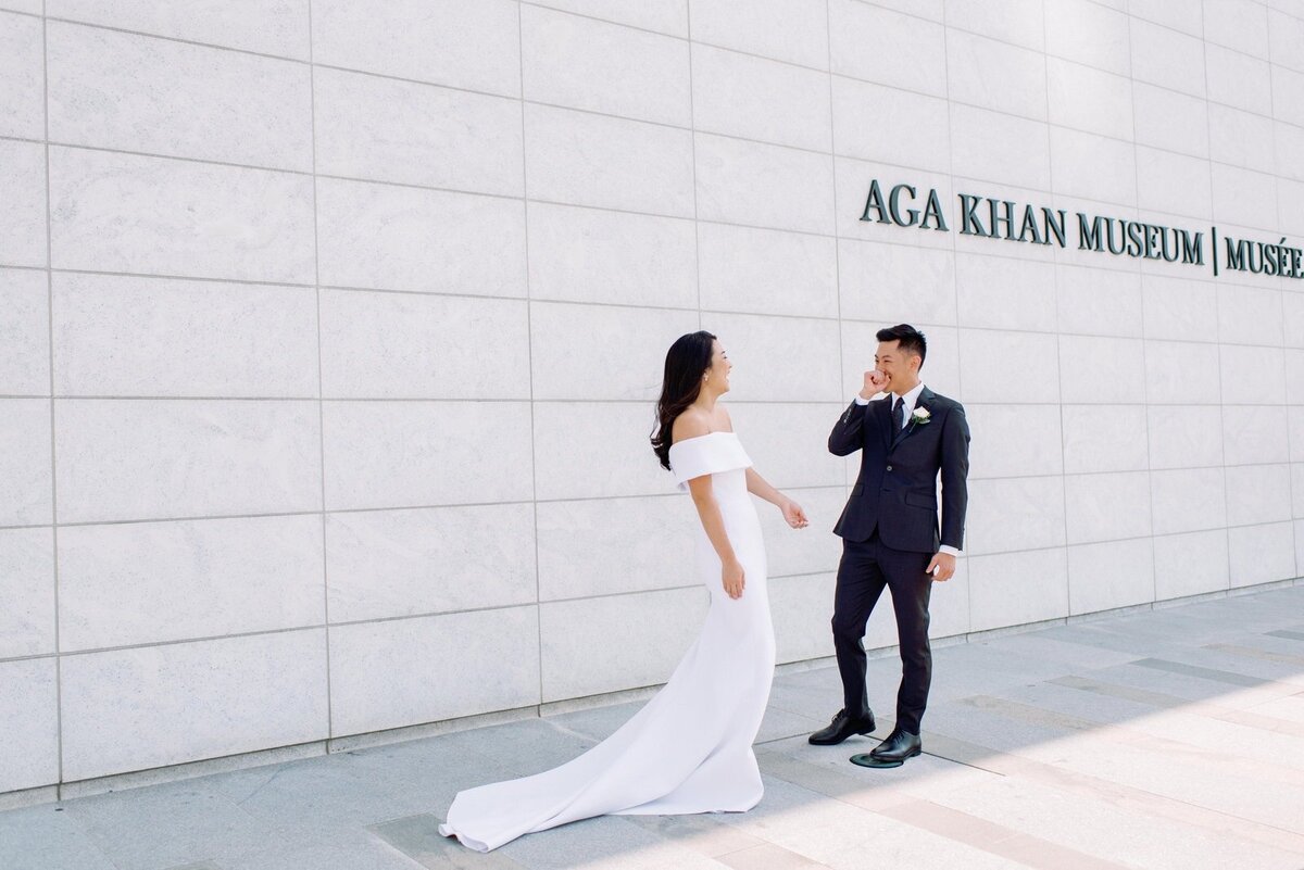 First Look Happy Reaction Bride and Groom at Aga Khan Museum Jacqueline James Photography