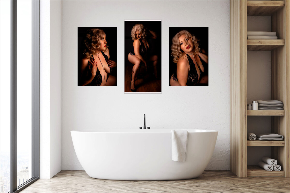 3 metal wall art pieces of a woman in lingerie hanging over a large white tub in her bathroom
