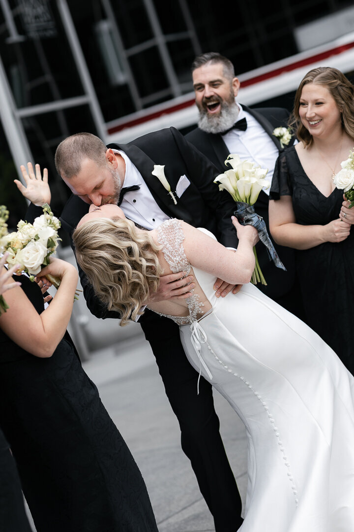 Bride and groom outside Wintergarden PPG in downtown Pittsburgh, PA. 
