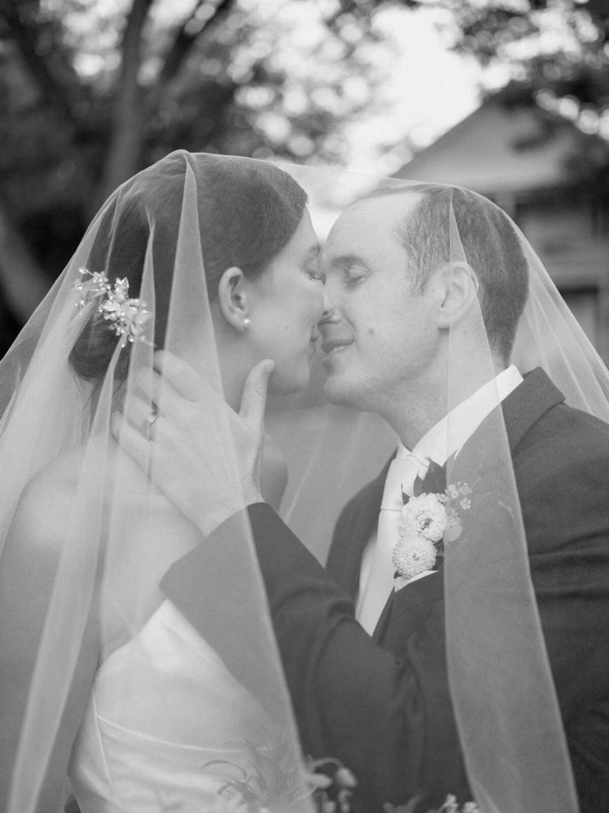 Classic bride and groom portrait at their private residence tented wedding.