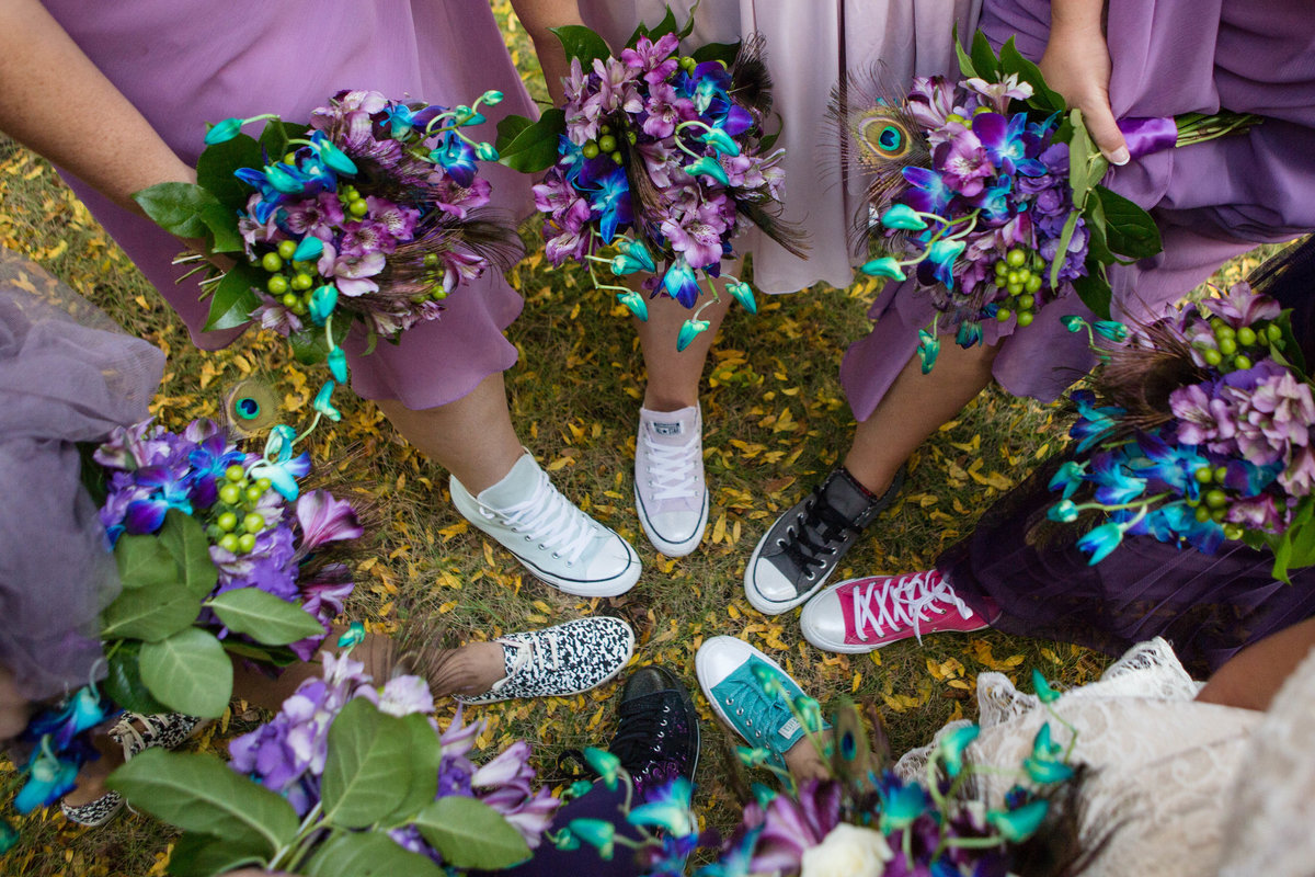 bridesmaids wear colorful sneakers pictured from above