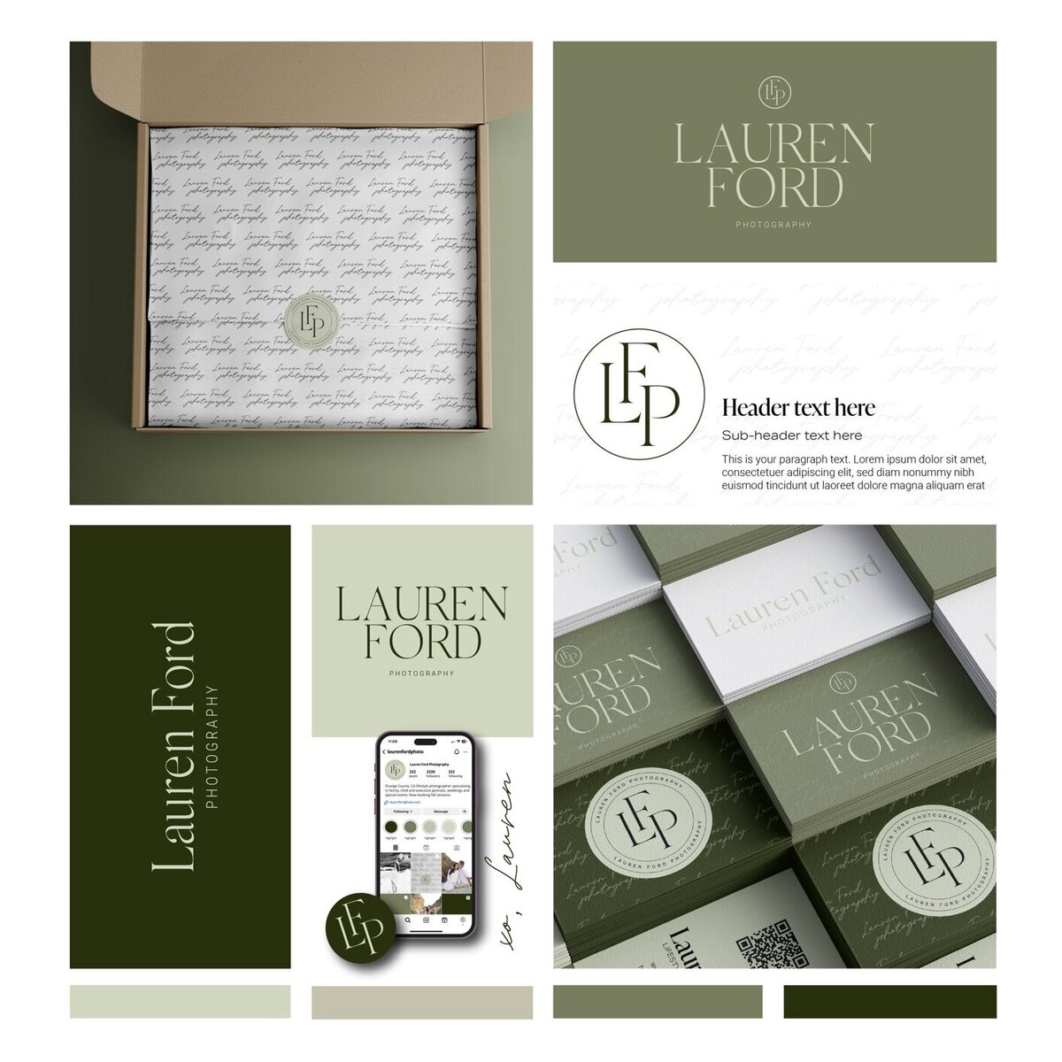 Brand Design for California Photographer. Minimal and modern brand with green colors including logo, business cards, packaging and social media.