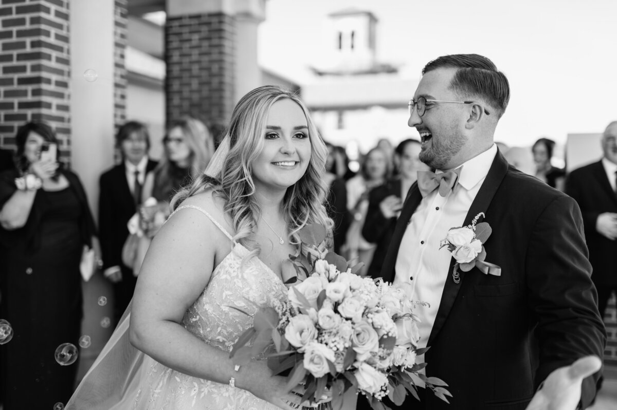 Bride and groom laughing during South Bend reception