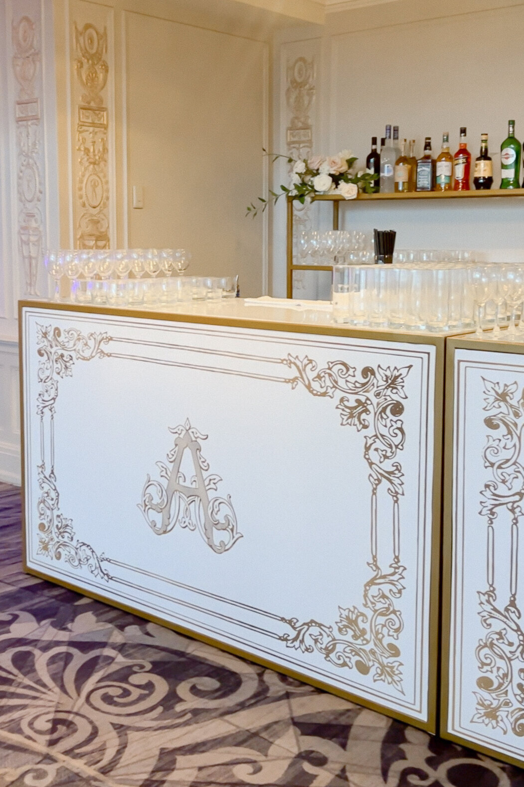 Custom Bar Wrap for Wedding in Gold and White with Ornate Baroque Frame Border with Ornate Monogram in the center