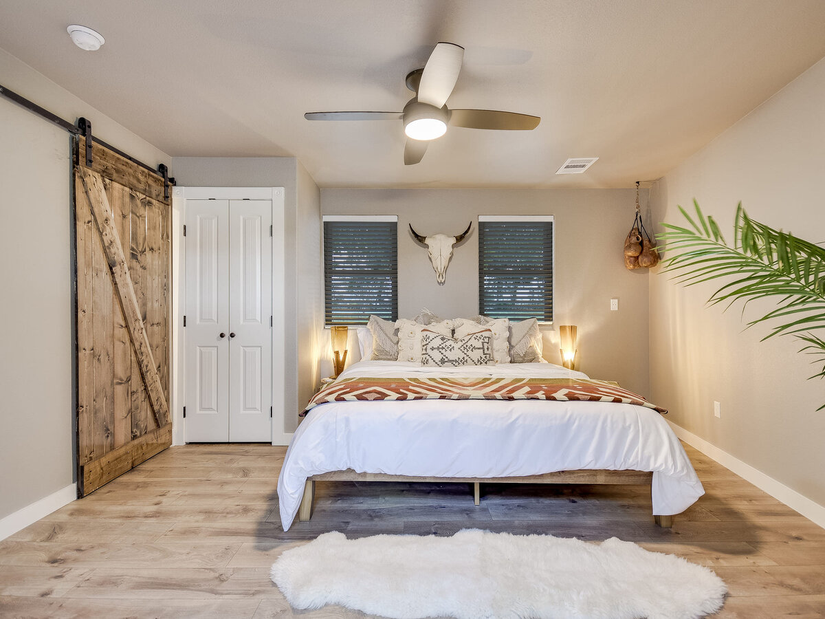 White room with double bed, green plant and wooden door