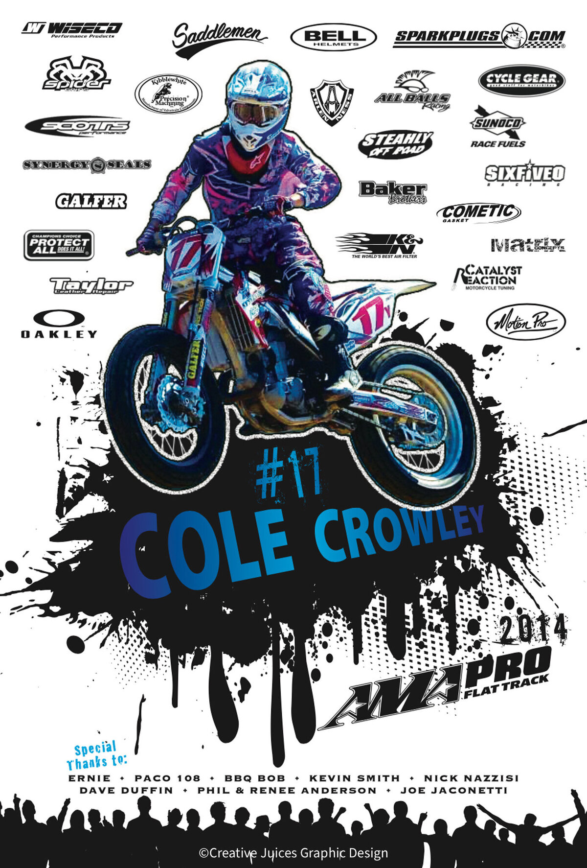 Poster design. AMA Motorcycle racer. Bold, visual design featuring sponsor logos.
