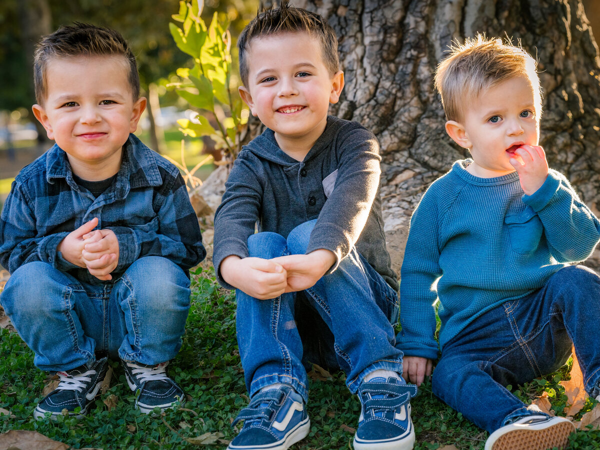 Three little boys, dressed in blue, sit smiling at the foot of a large tree on a bed of green clovers. The sun brightens the sides of their faces and bodies. Photo by SAVI Photography - San Diego California Photographer