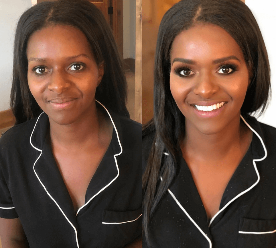 Side-by-side before and after makeup showing full glam transformation by Mistique Makeup for a client in Dallas