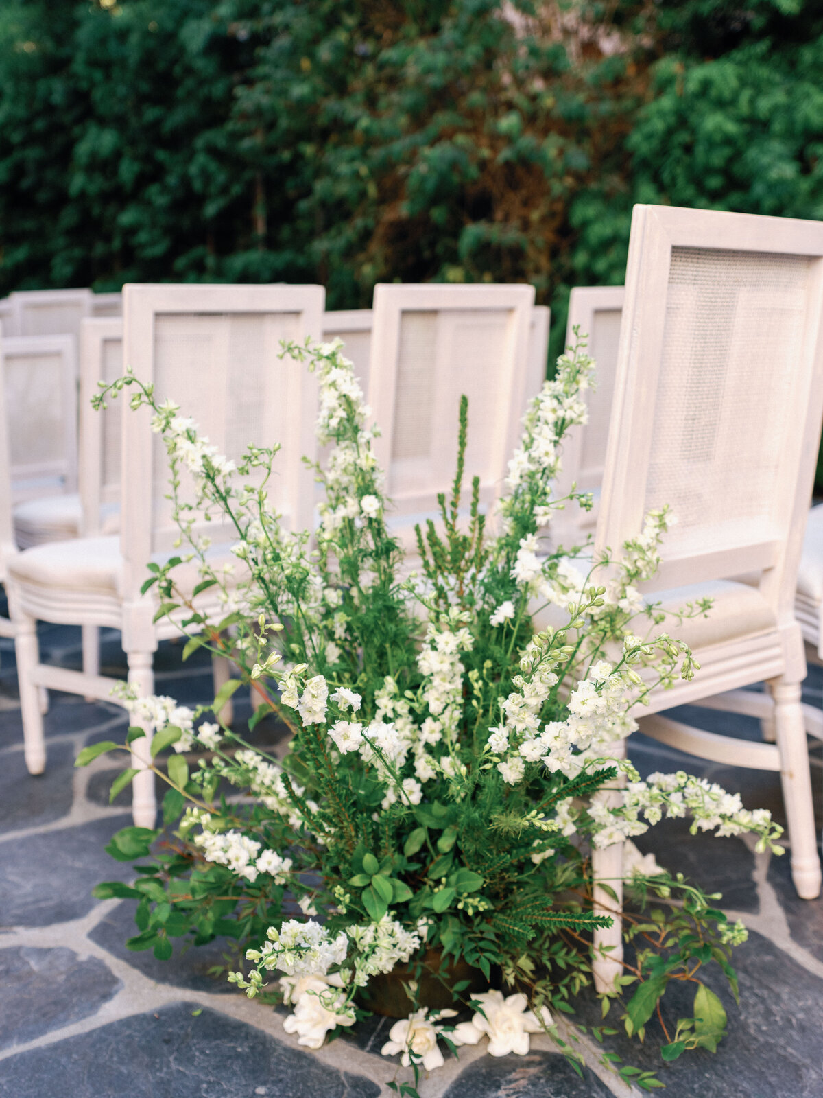 close up on wedding ceremony white and green flowers at a private residence for a luxury wedding in alamo square san francisco california