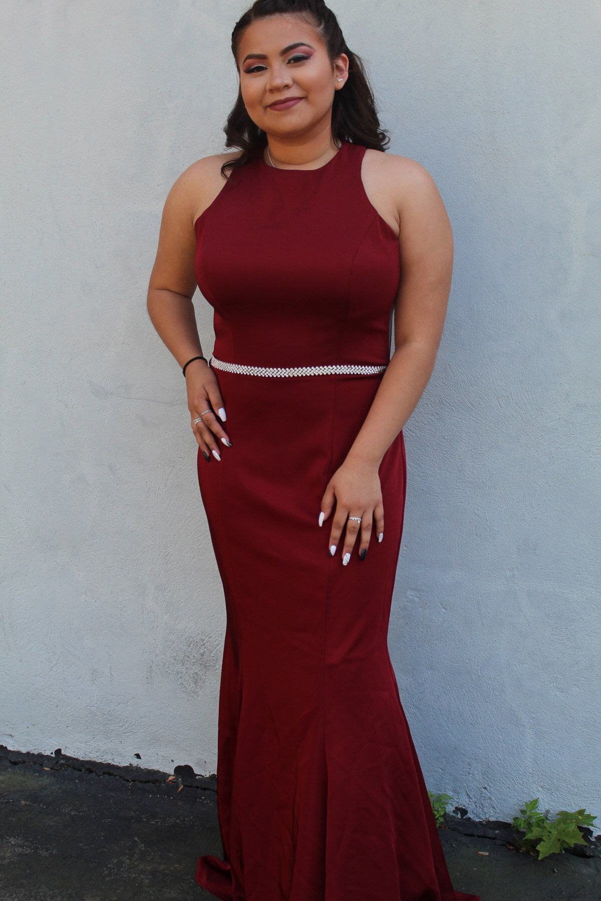 Soft glam meets edge: radiant skin and deep berry lips styled by Lydia Arroyo.

