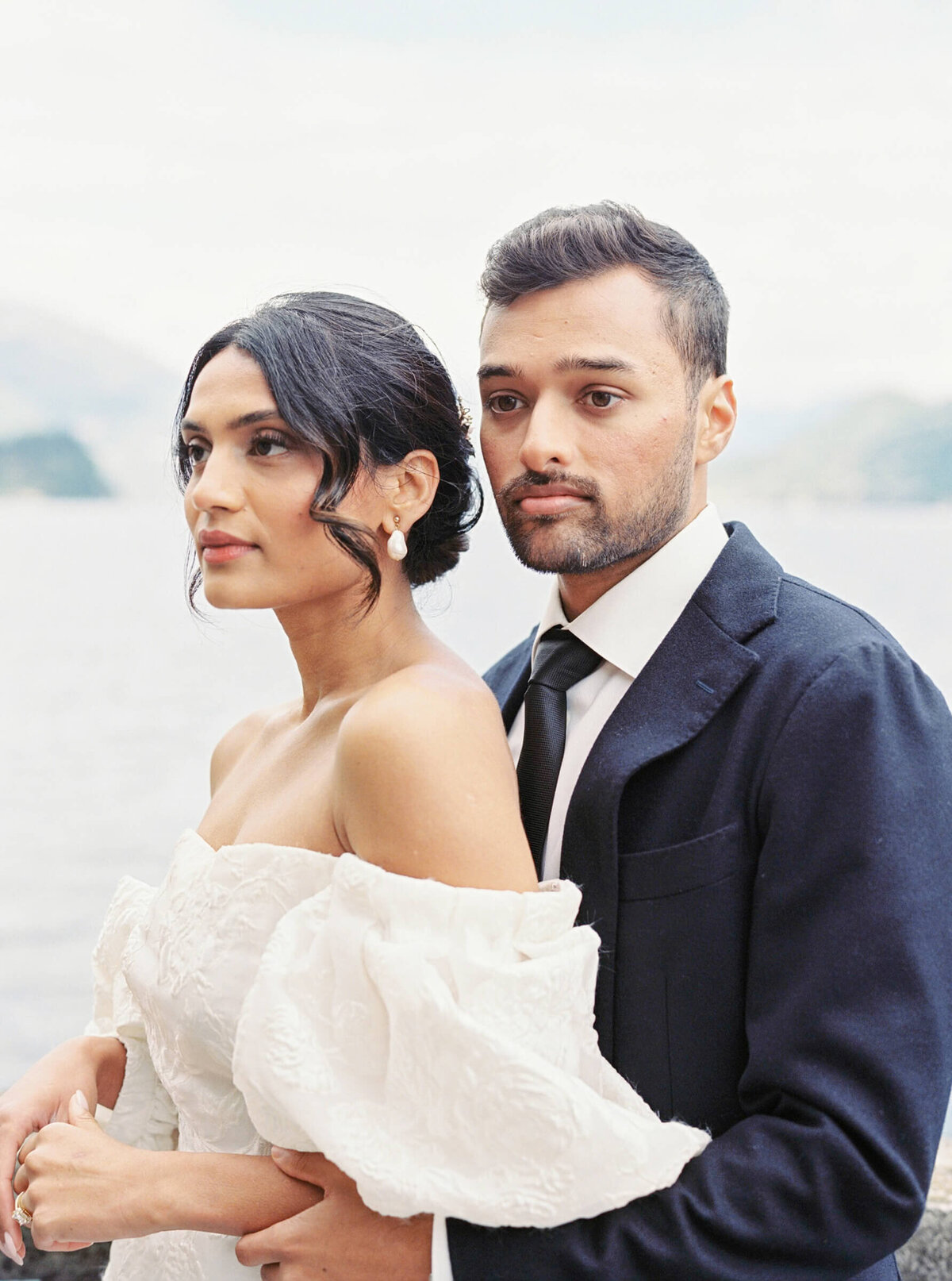 A wedding day photo of the bride and groom at Villa Aura del Lago on Lake Como in Italy