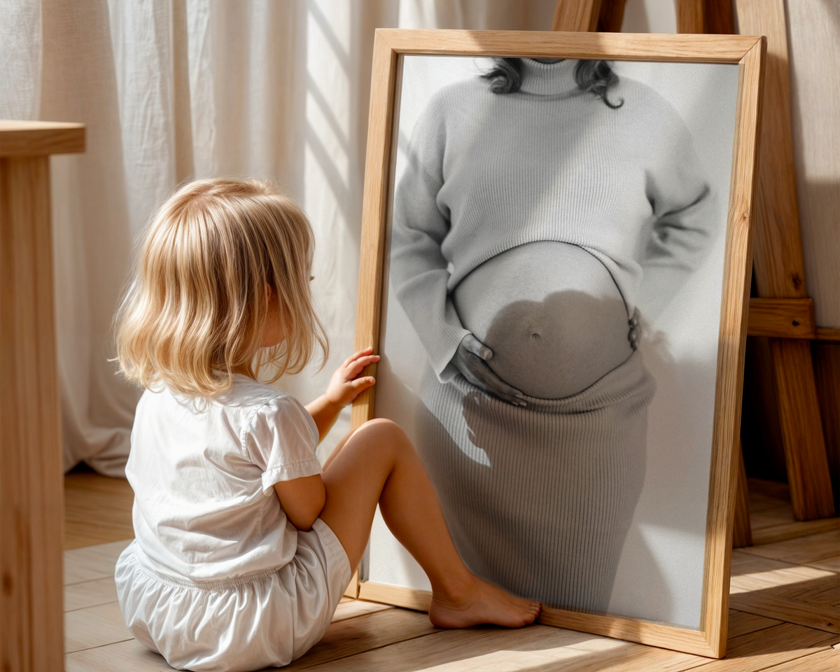 example mockup of enlarged photograph of a maternity portrait with toddler child admiring