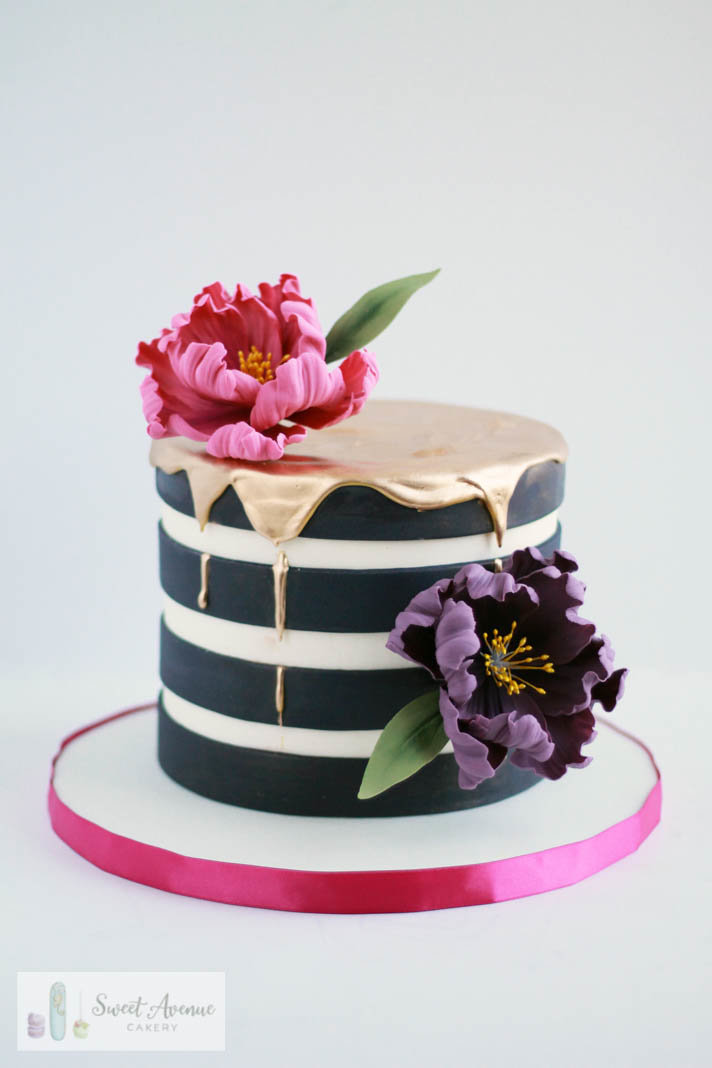 kate spade black stripes and flowers cake