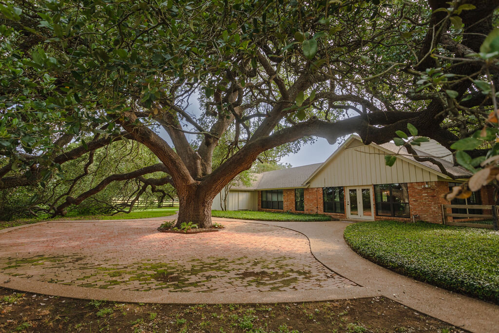 Beautiful oak tree in front of this 5-bedroom, 4-bathroom vacation rental house for 16+ guests with pool, free wifi, guesthouse and game room just 20 minutes away from downtown Waco, TX.