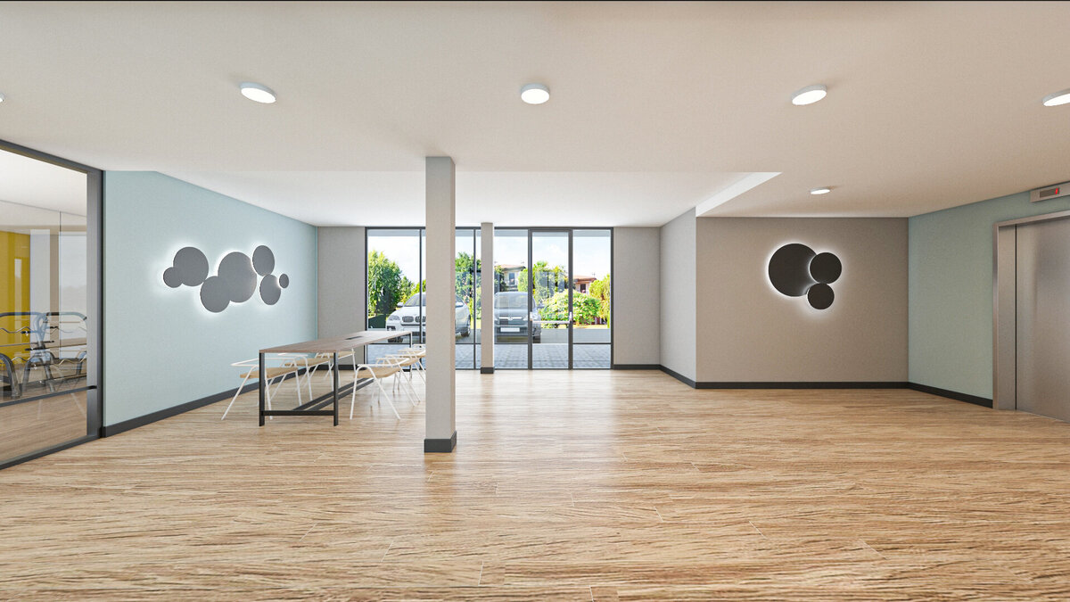 3D Rendering of Echo Suites by Wyndham hotel lobby with natural daylight