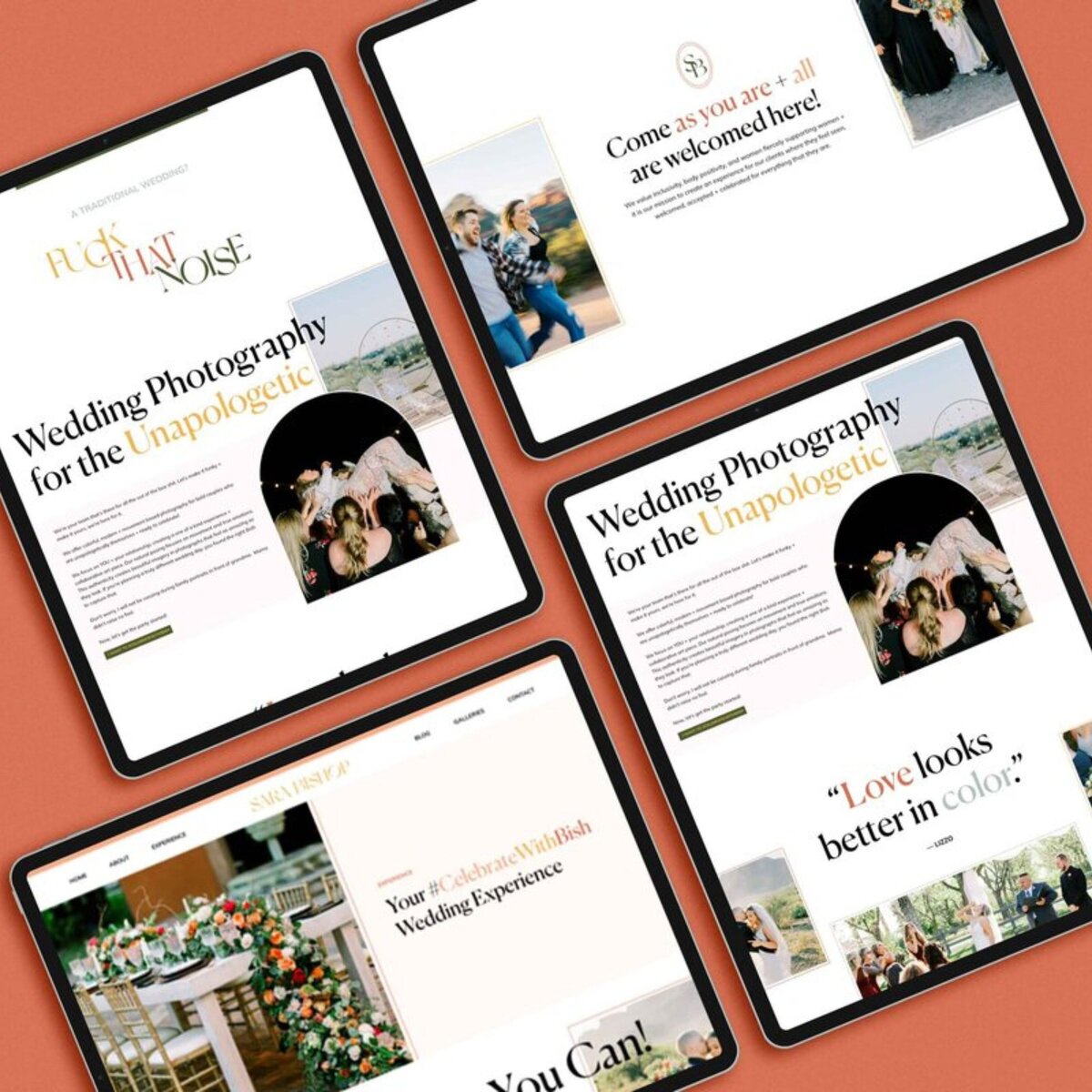 Mockup of four photographer website pages on ipads.