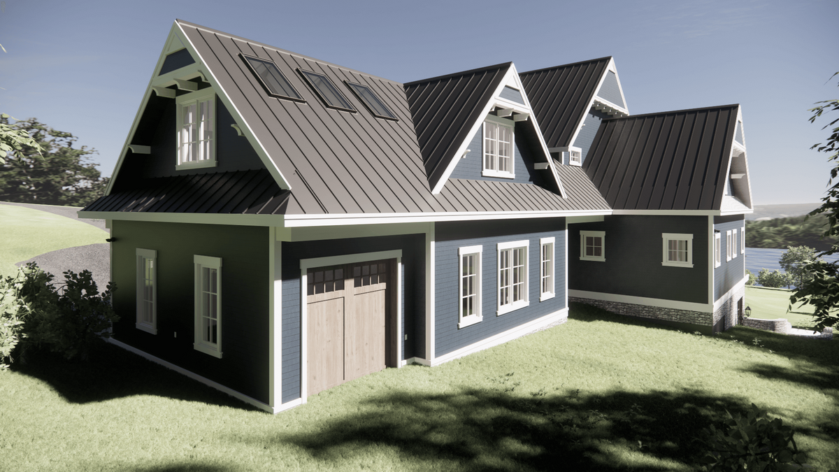 A modern house with dark blue siding and white trim, featuring a sloped metal roof and multiple dormer windows. Theres a wooden double garage door and a lush green lawn, with a scenic view of trees and water in the background.
