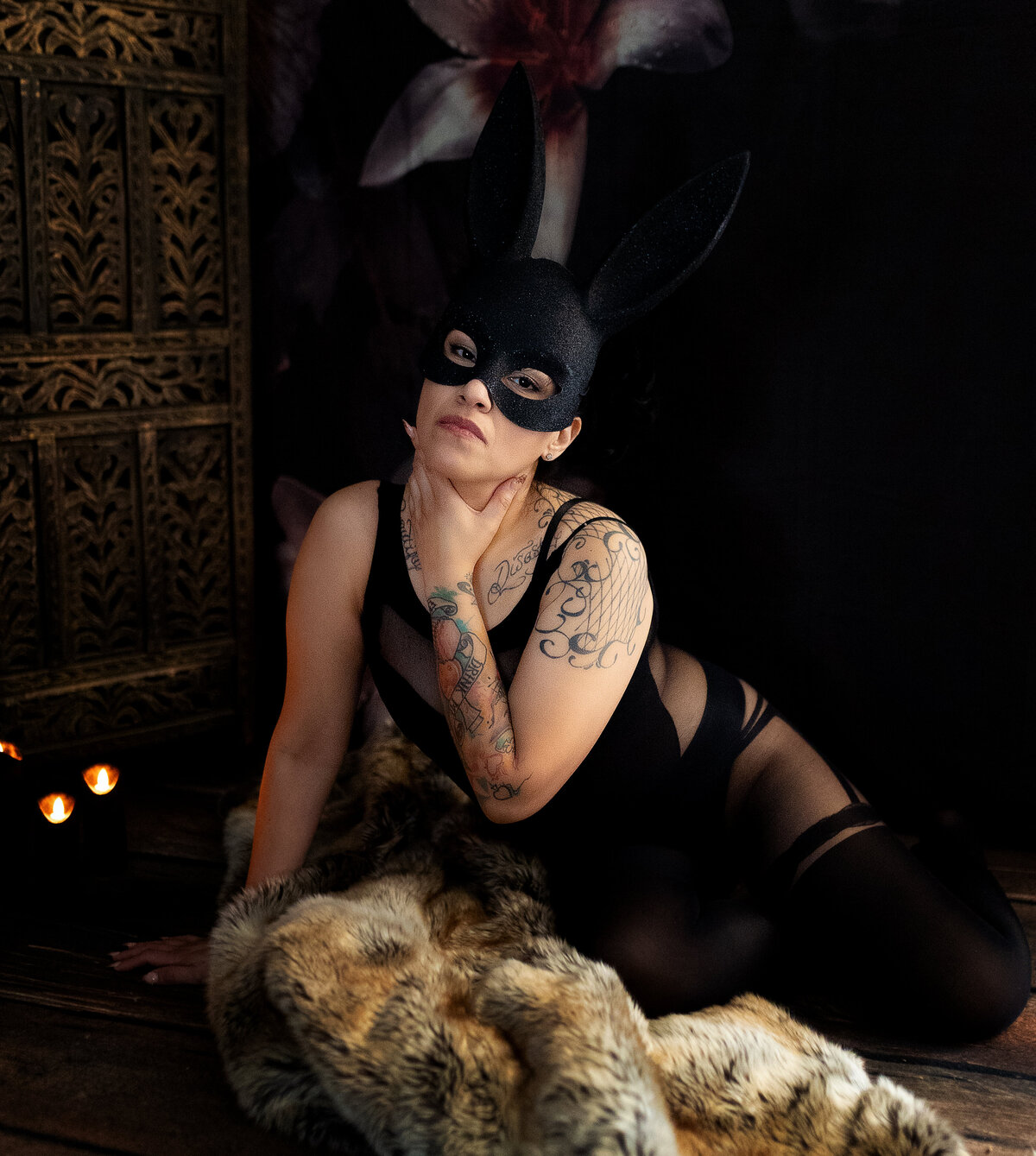 Dark Halloween vibe rabbit ears boudoir session