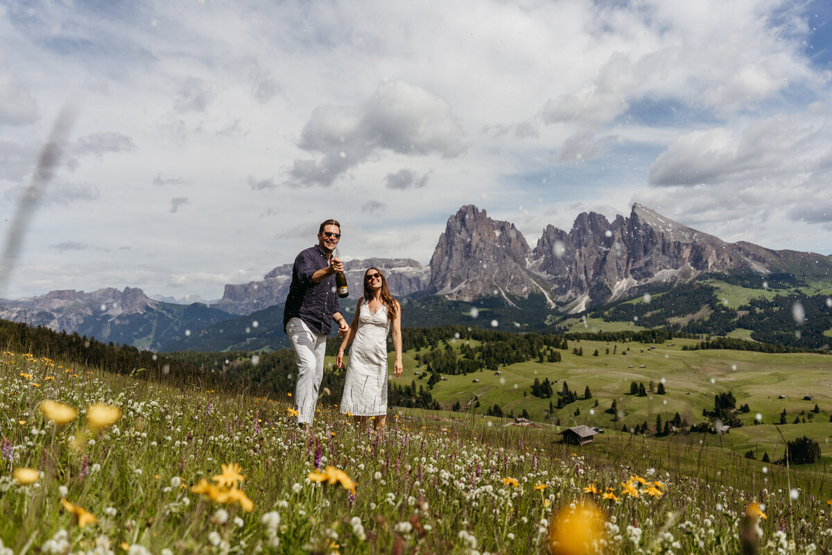 Intimate couple in Scenic Dolomites peaks Alpe di Siusi