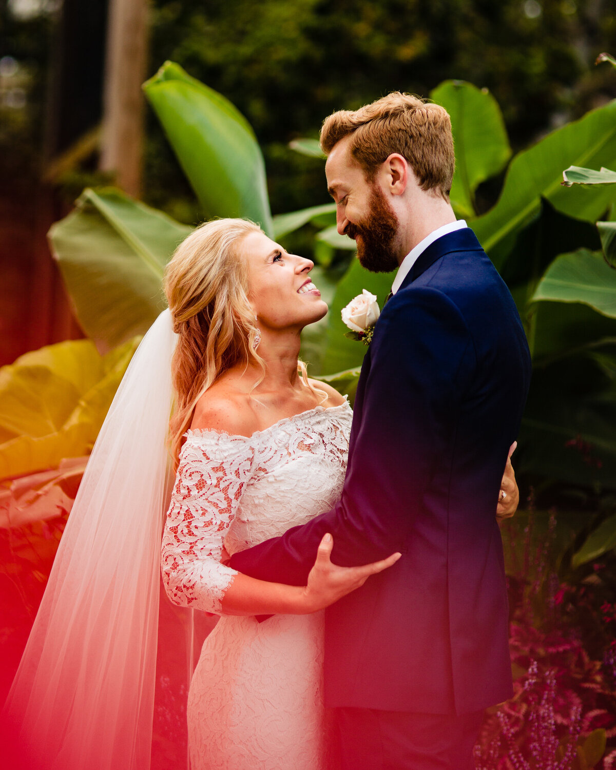 One of the top wedding photos of 2020. Taken by Adore Wedding Photography- Toledo, Ohio Wedding Photographers. This photo is of a bride and groom embracing at the Toledo Zoo during their wedding in front of a tropical plant