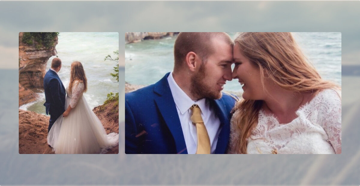 Two images of a happily married couple in their dress and suit by a rocky lakeshore.