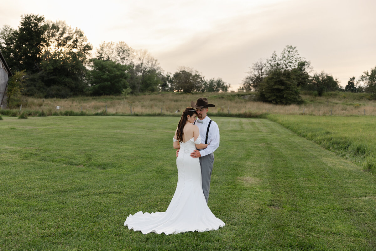 Cowboy hats and wedding gowns adorn vermont countryside