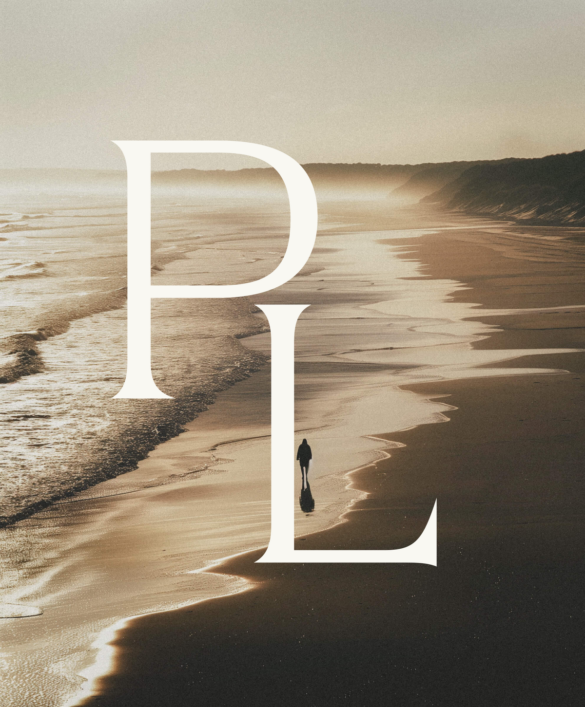 A person walks alone on a sandy beach at sunset, with large “PL” white letters overlaid on the image—an evocative scene capturing the tranquil spirit of Sweet Pea Ink Creative’s brand design approach.
