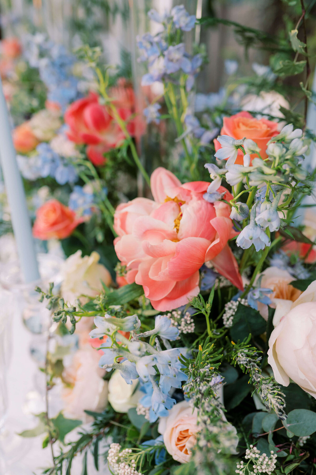 closeup of coral peonies with blue flowers on a wedding dinner table with blue candles in avington park’s orangery for a westacott wedding