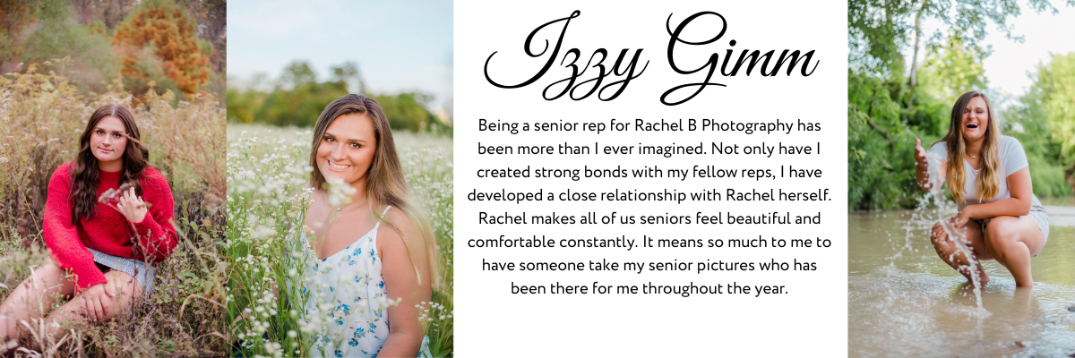 A Rachel B Photography Senior Rep Team Member poses  in three different outdoor locations smiling for the camera.